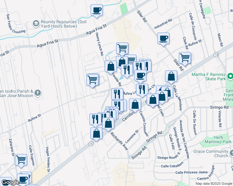 map of restaurants, bars, coffee shops, grocery stores, and more near in Santa Fe