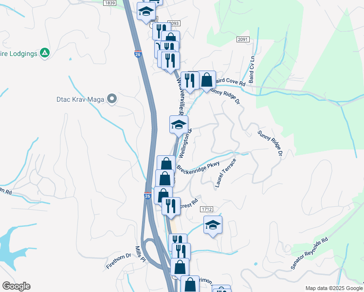 map of restaurants, bars, coffee shops, grocery stores, and more near 21 Wellington Drive in Asheville