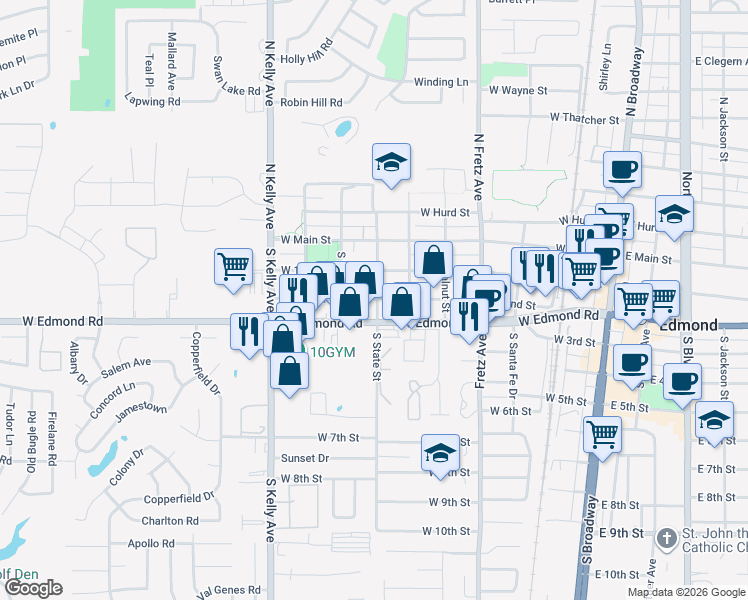 map of restaurants, bars, coffee shops, grocery stores, and more near 522 West 2nd Street in Edmond