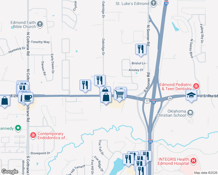 map of restaurants, bars, coffee shops, grocery stores, and more near 32 South Ridge Pointe Circle in Edmond