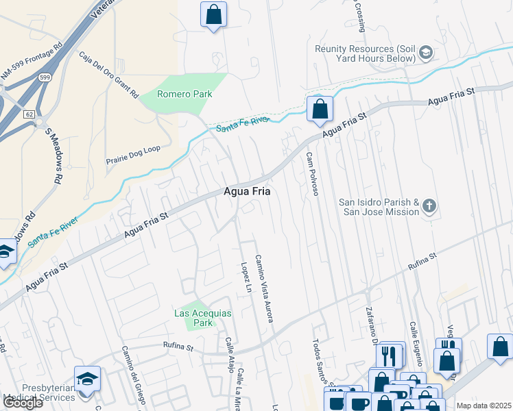 map of restaurants, bars, coffee shops, grocery stores, and more near 77 Paseo De Angel North in Santa Fe
