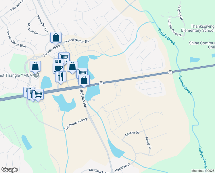 map of restaurants, bars, coffee shops, grocery stores, and more near 5040 North Carolina 42 in Clayton