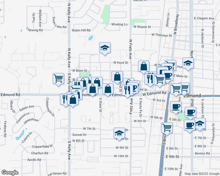 map of restaurants, bars, coffee shops, grocery stores, and more near West 2nd Street in Edmond