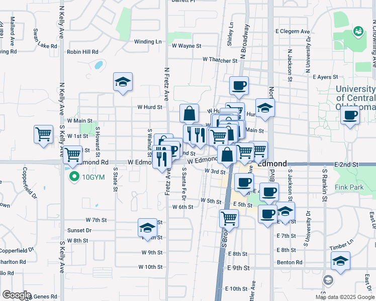 map of restaurants, bars, coffee shops, grocery stores, and more near 126 West 2nd Street in Edmond