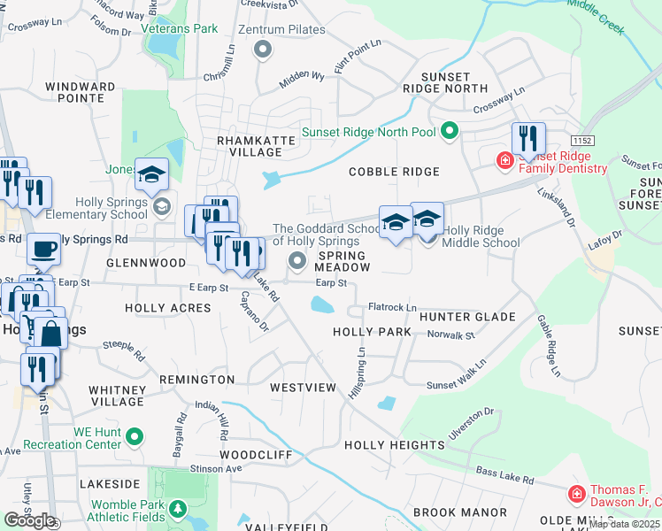 map of restaurants, bars, coffee shops, grocery stores, and more near 200 Grassy Meadow Road in Holly Springs