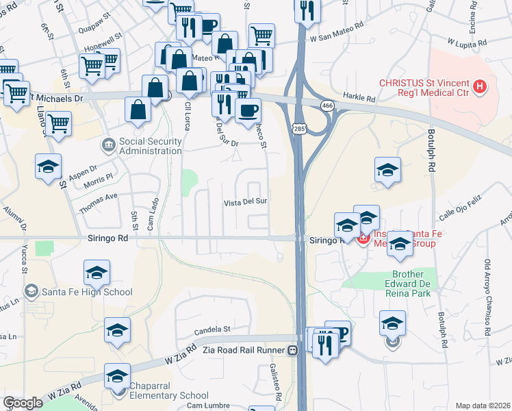 map of restaurants, bars, coffee shops, grocery stores, and more near 1876 Calle Quedo in Santa Fe