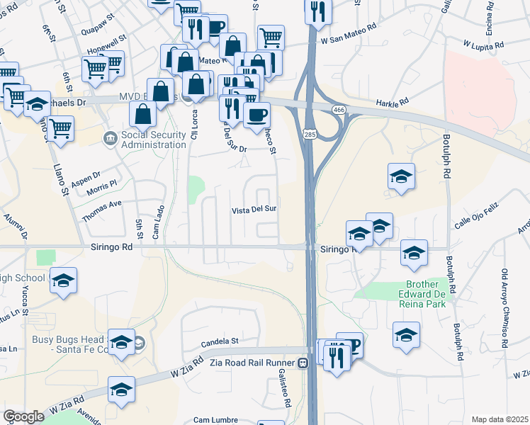 map of restaurants, bars, coffee shops, grocery stores, and more near 1876 Calle Quedo in Santa Fe