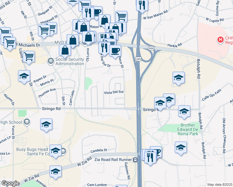 map of restaurants, bars, coffee shops, grocery stores, and more near 1876 Calle Quedo in Santa Fe