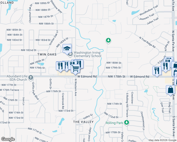 map of restaurants, bars, coffee shops, grocery stores, and more near 17913 Vermejo Drive in Edmond