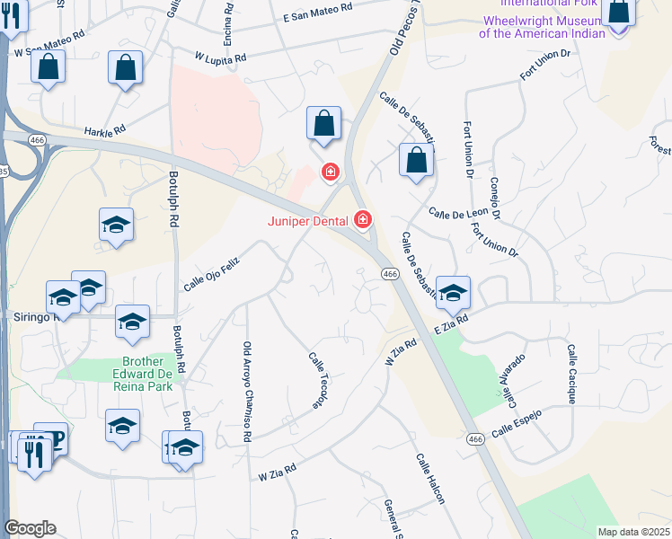 map of restaurants, bars, coffee shops, grocery stores, and more near 125 Chamiso Lane in Santa Fe