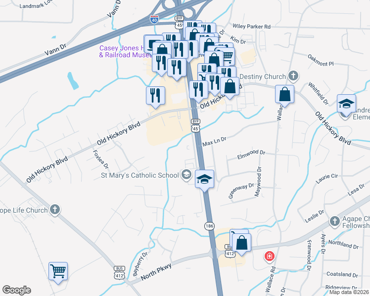 map of restaurants, bars, coffee shops, grocery stores, and more near 1771 U.S. 45 Bypass in Jackson