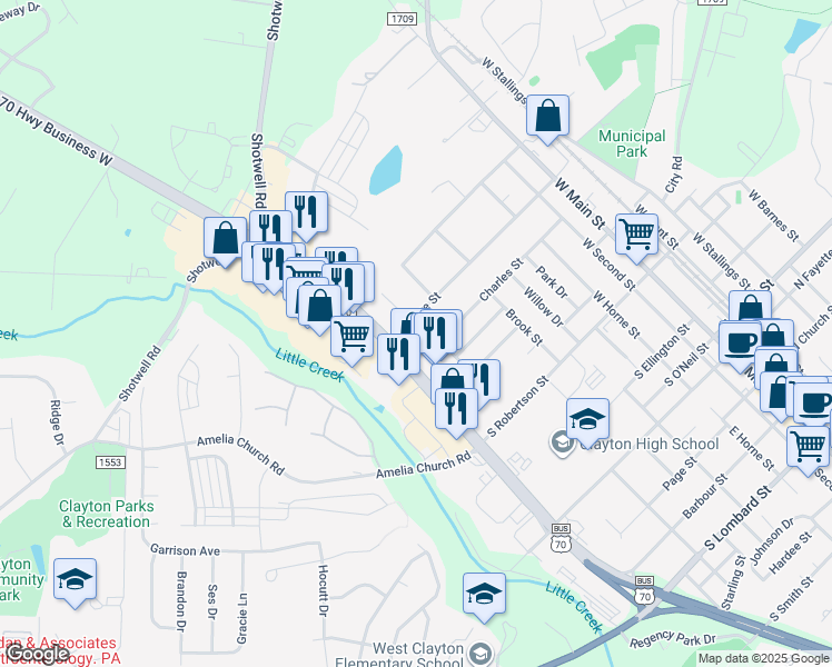 map of restaurants, bars, coffee shops, grocery stores, and more near 11590 Hwy. 70 in Clayton