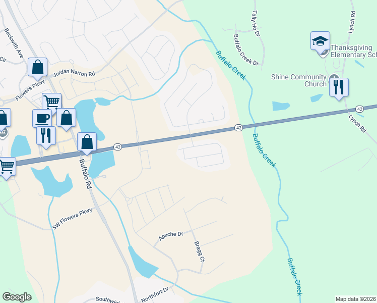 map of restaurants, bars, coffee shops, grocery stores, and more near 10 Sweet Olive Street in Clayton