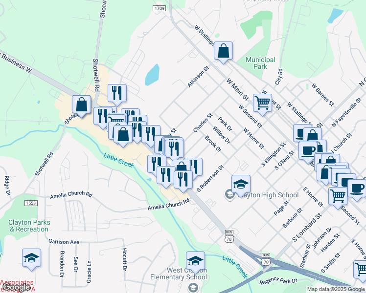 map of restaurants, bars, coffee shops, grocery stores, and more near 647-651 Charles Street in Clayton