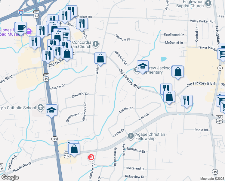 map of restaurants, bars, coffee shops, grocery stores, and more near 59 Elmwood Cove in Jackson