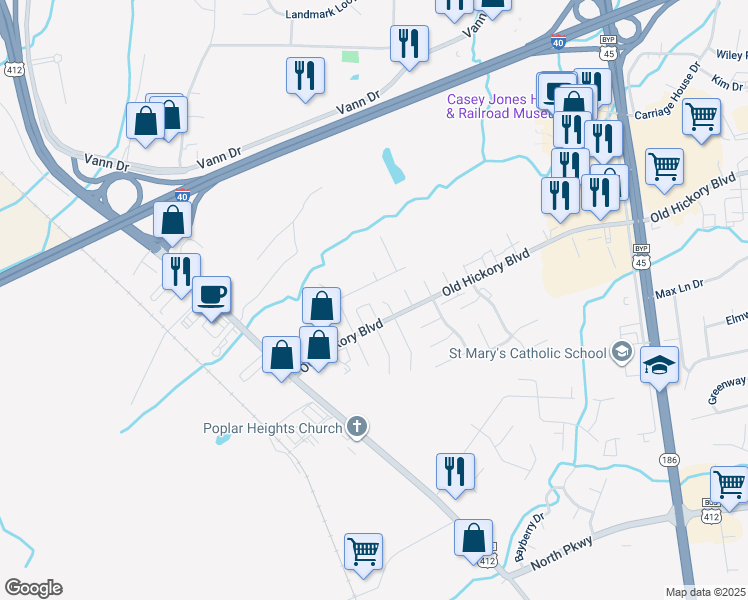 map of restaurants, bars, coffee shops, grocery stores, and more near 961 Old Hickory Boulevard in Jackson