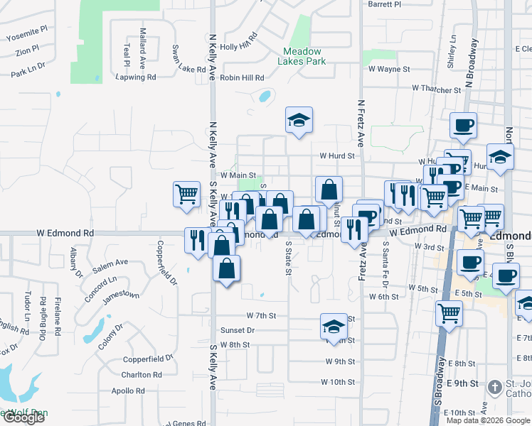 map of restaurants, bars, coffee shops, grocery stores, and more near 630 West 2nd Street in Edmond