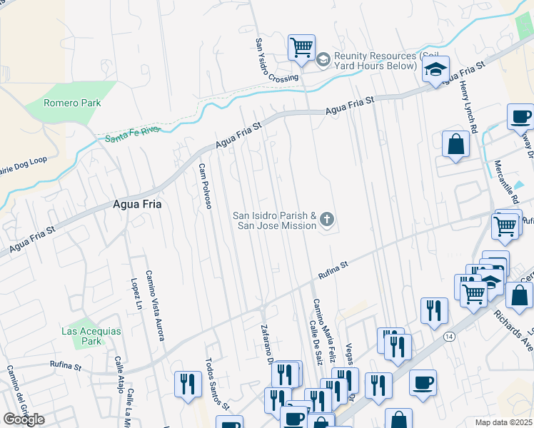 map of restaurants, bars, coffee shops, grocery stores, and more near 2241 Rancho De Chavez in Santa Fe
