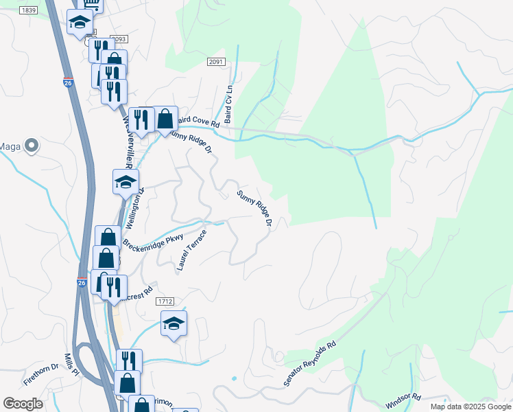 map of restaurants, bars, coffee shops, grocery stores, and more near 27 Sunny Ridge Drive in Asheville