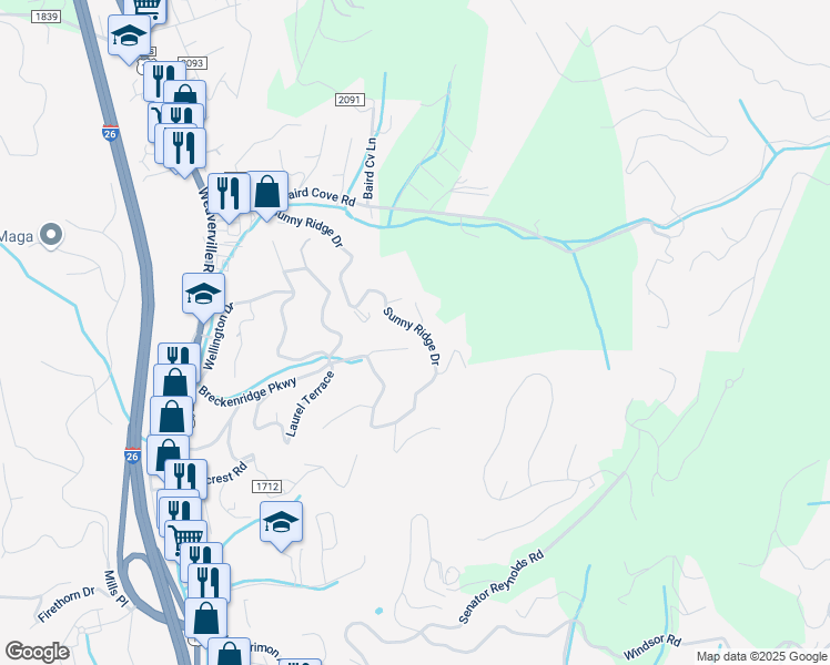map of restaurants, bars, coffee shops, grocery stores, and more near 27 Sunny Ridge Drive in Asheville