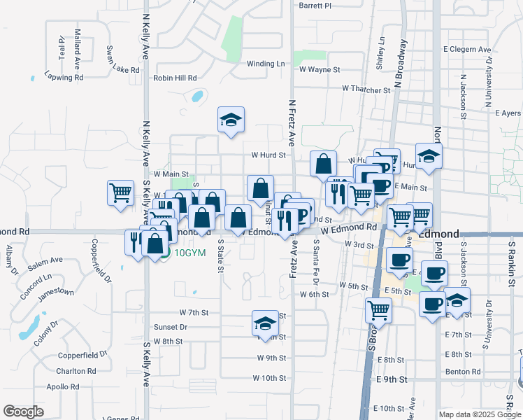 map of restaurants, bars, coffee shops, grocery stores, and more near 412 West 2nd Street in Edmond