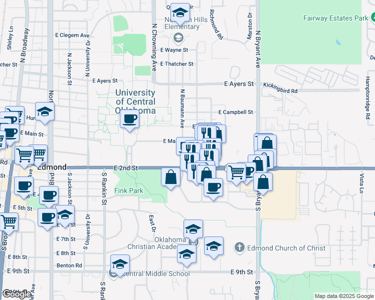 map of restaurants, bars, coffee shops, grocery stores, and more near 100 South Baumann Avenue in Edmond