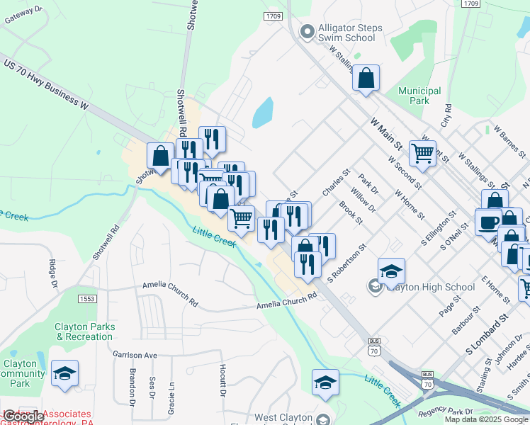 map of restaurants, bars, coffee shops, grocery stores, and more near 11590 U.S. 70 in Clayton