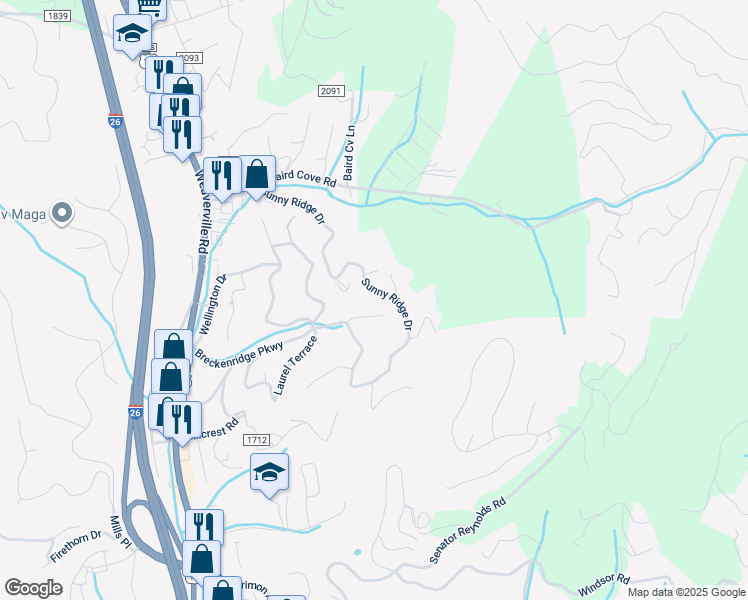 map of restaurants, bars, coffee shops, grocery stores, and more near 25 Sunny Ridge Drive in Asheville