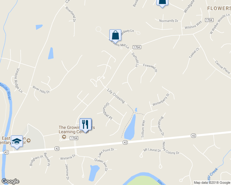 map of restaurants, bars, coffee shops, grocery stores, and more near 115 Lily Crossing in Clayton