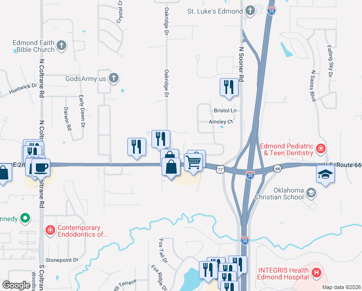 map of restaurants, bars, coffee shops, grocery stores, and more near 32 South Ridge Pointe Circle in Edmond