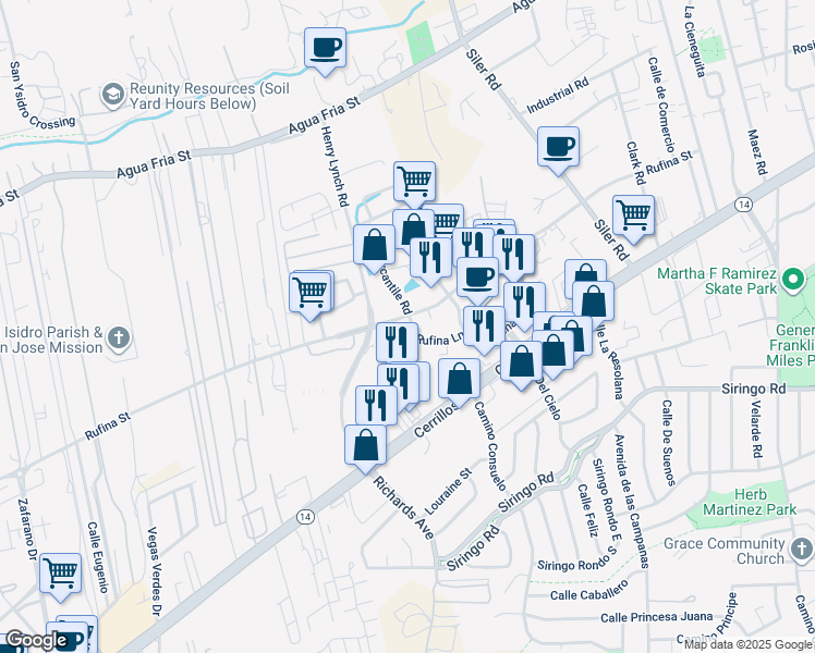 map of restaurants, bars, coffee shops, grocery stores, and more near 1308 Rufina Lane in Santa Fe