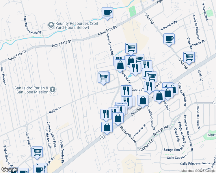 map of restaurants, bars, coffee shops, grocery stores, and more near 3300 Rufina Street in Santa Fe