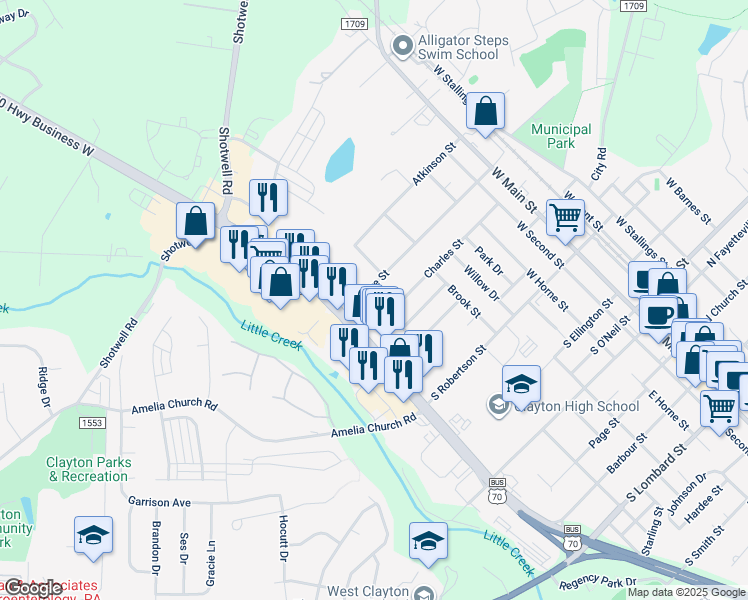 map of restaurants, bars, coffee shops, grocery stores, and more near 11590 Hwy. 70 in Clayton