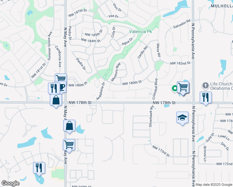 map of restaurants, bars, coffee shops, grocery stores, and more near 2508 Northwest 179th Court in Edmond