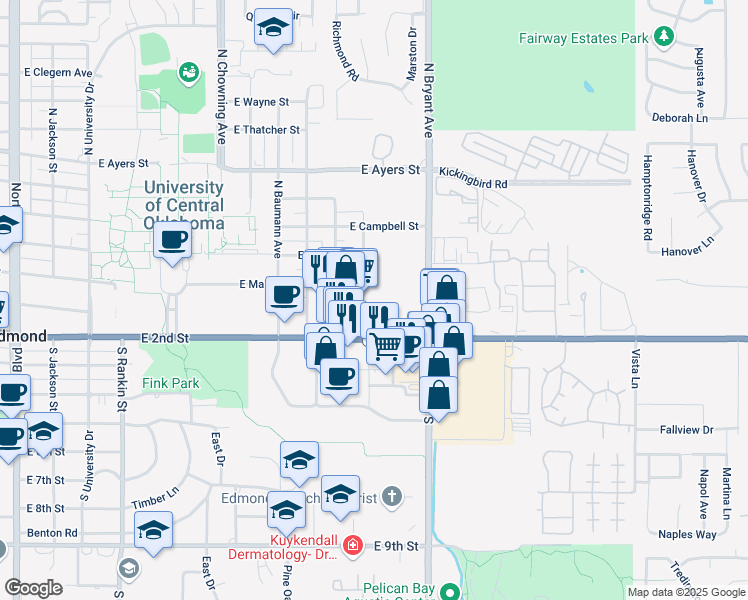 map of restaurants, bars, coffee shops, grocery stores, and more near 127 South Hortense Avenue in Edmond