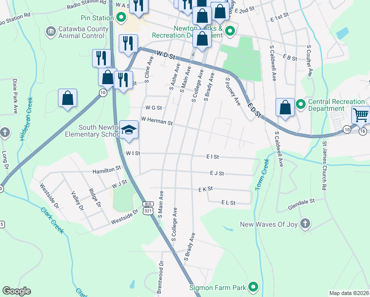 map of restaurants, bars, coffee shops, grocery stores, and more near 804 South Brady Avenue in Newton