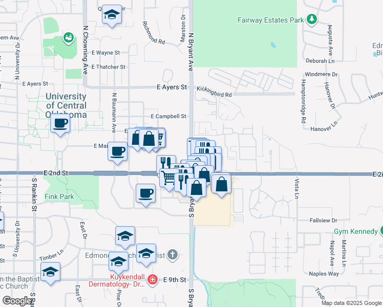 map of restaurants, bars, coffee shops, grocery stores, and more near 18 South Bryant Avenue in Edmond