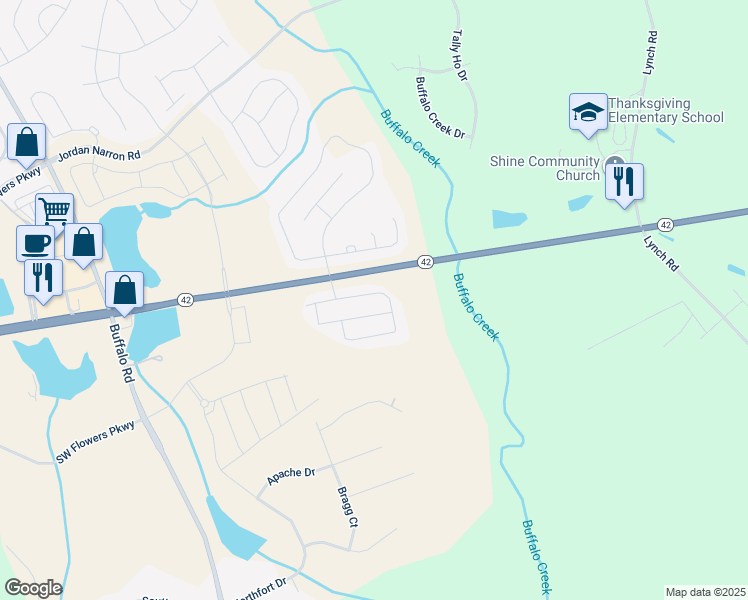 map of restaurants, bars, coffee shops, grocery stores, and more near 104 Sweet Olive Street in Clayton