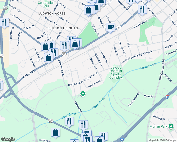 map of restaurants, bars, coffee shops, grocery stores, and more near 1425 Melrose Street in Salisbury