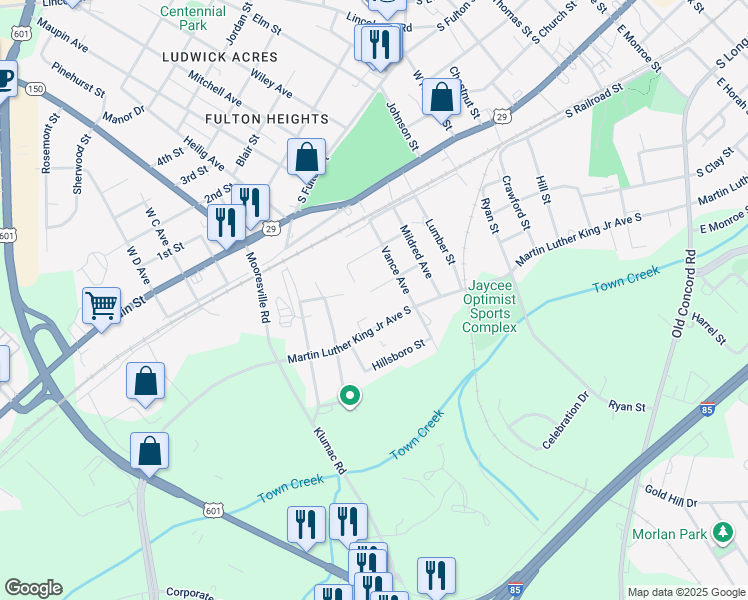 map of restaurants, bars, coffee shops, grocery stores, and more near 1425 Melrose Street in Salisbury