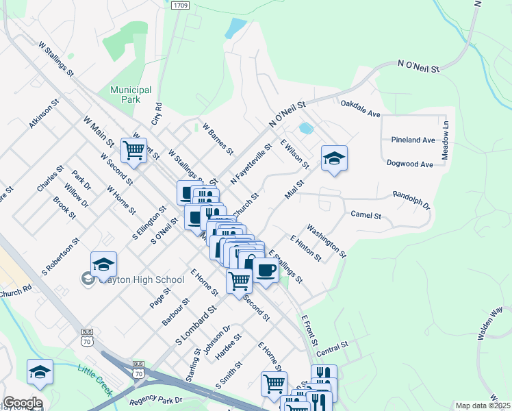 map of restaurants, bars, coffee shops, grocery stores, and more near 341 North Church Street in Clayton