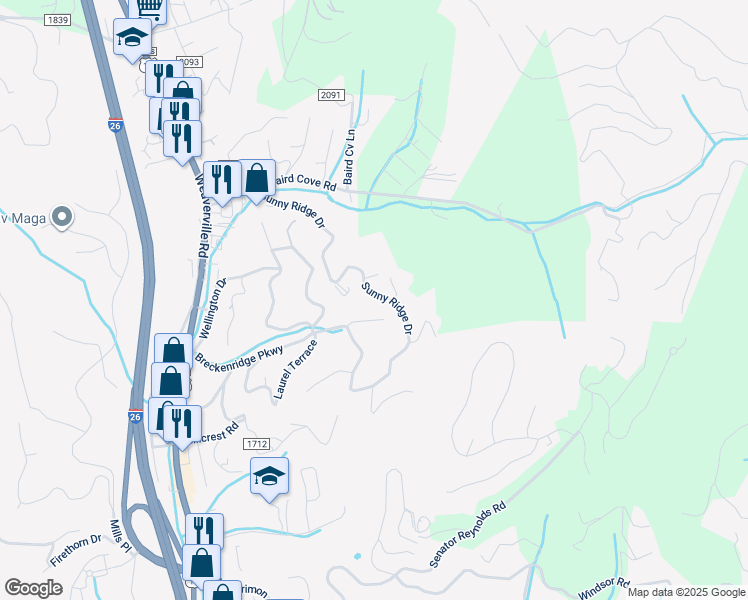 map of restaurants, bars, coffee shops, grocery stores, and more near 25 Sunny Ridge Drive in Asheville