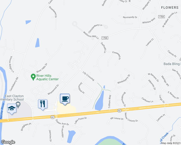 map of restaurants, bars, coffee shops, grocery stores, and more near 99 Greenbrier Court in Clayton