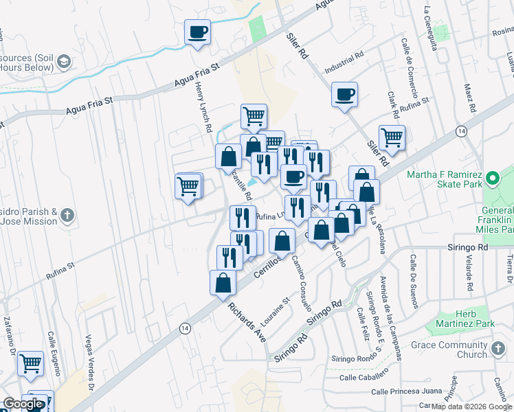 map of restaurants, bars, coffee shops, grocery stores, and more near 1308 Rufina Lane in Santa Fe