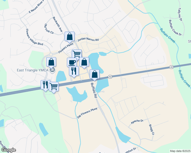 map of restaurants, bars, coffee shops, grocery stores, and more near 4880 North Carolina 42 in Clayton