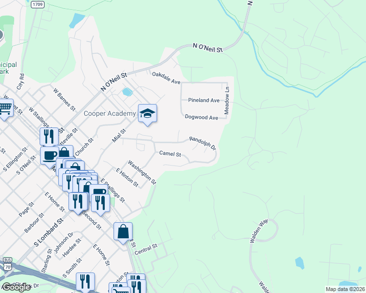 map of restaurants, bars, coffee shops, grocery stores, and more near 515 Camel Street in Clayton