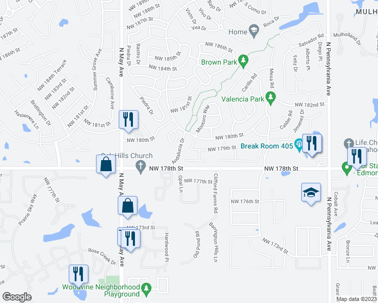 map of restaurants, bars, coffee shops, grocery stores, and more near 2548 Northwest 179th Street in Edmond