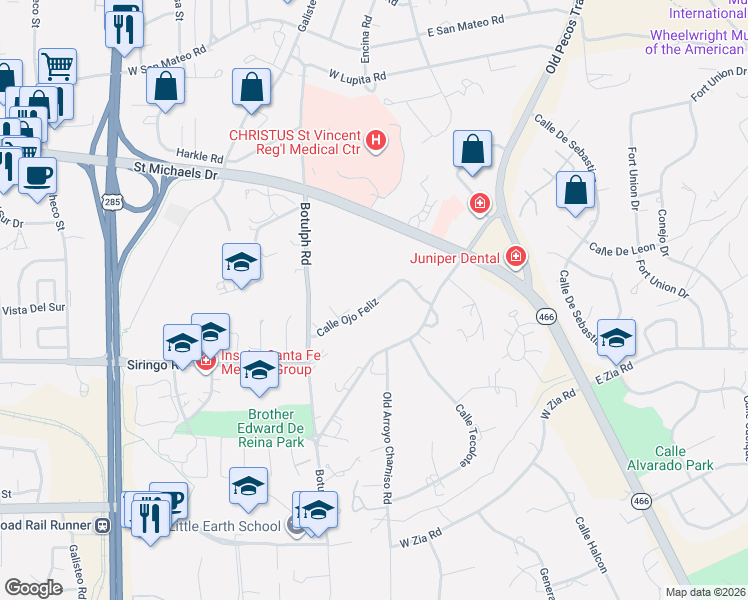 map of restaurants, bars, coffee shops, grocery stores, and more near 149 Calle Ojo Feliz in Santa Fe