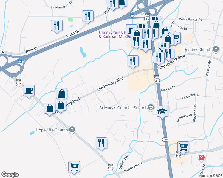 map of restaurants, bars, coffee shops, grocery stores, and more near 841 Old Hickory Boulevard in Jackson