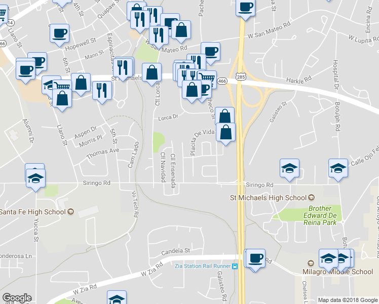 map of restaurants, bars, coffee shops, grocery stores, and more near 2076 Placita De Vida in Santa Fe